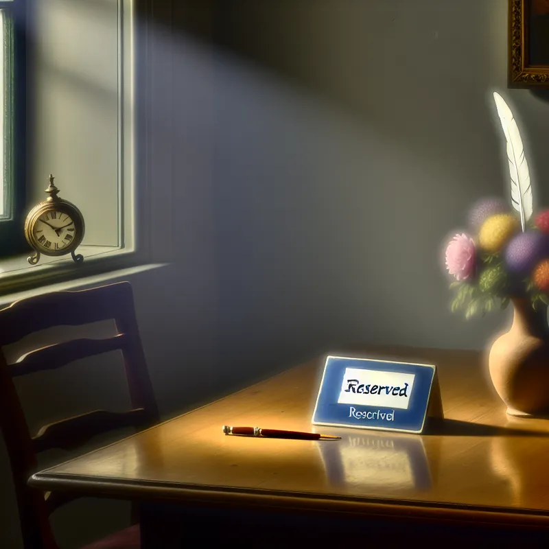 Een serene kamer met zacht, diffuus licht dat door een raam valt op een houten tafel met een gereserveerd bord, een vaas met bloemen en een verenpen.