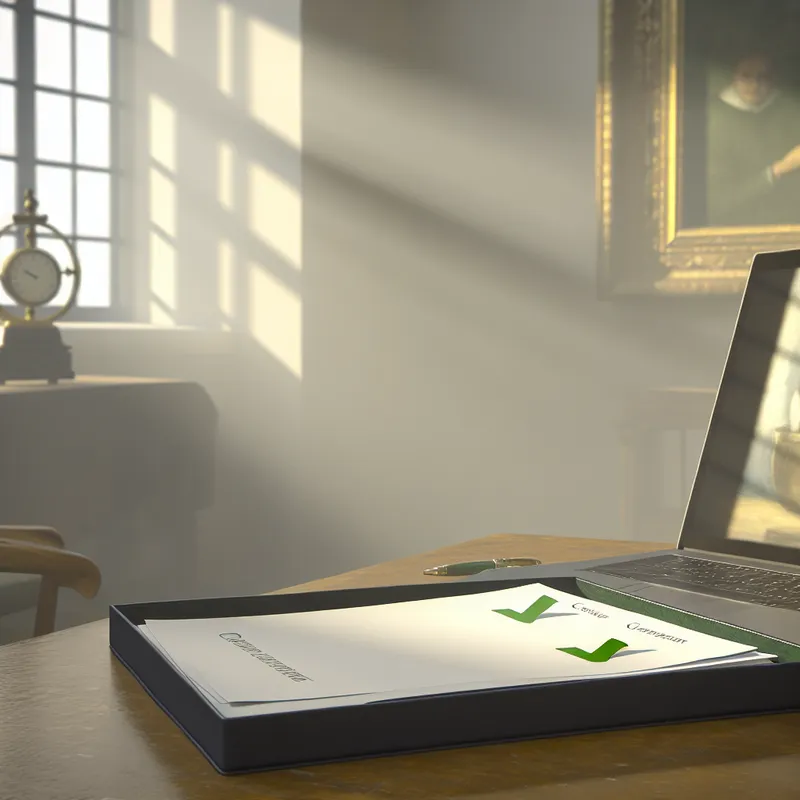 Een serene kantooromgeving met zacht diffuus licht dat door een raam stroomt, een presentatiemap en een laptop op tafel