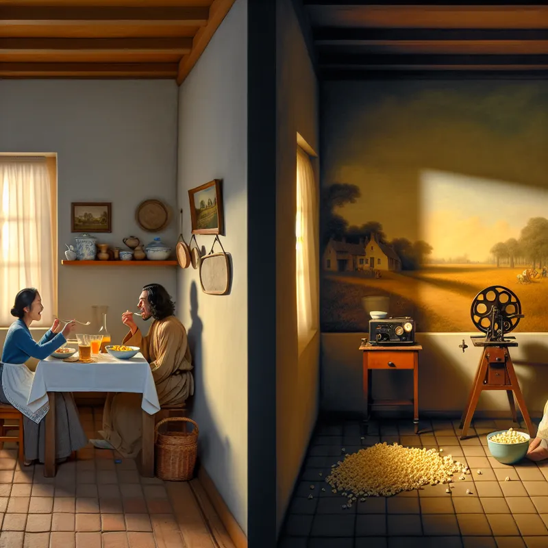 Een serene keuken met een eettafel en twee mensen, eerst met een lunch en later met een film, in de stijl van Johannes Vermeer.