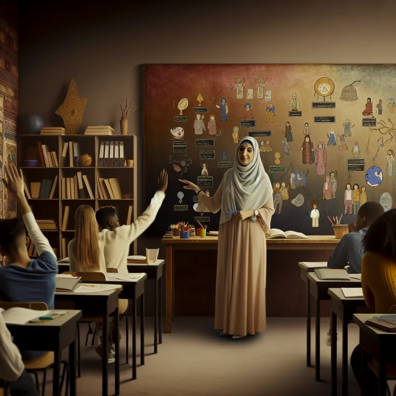 Klaslokaal met leraren en diverse studenten die samenwerken, met kleurrijke illustraties op de zwarte schoolbord