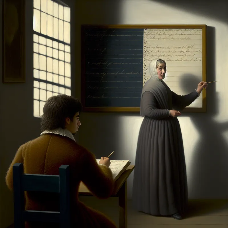 Leraar staat voor een zwart bord met belangrijke feiten, terwijl een student notities maakt in een serene klasomgeving.