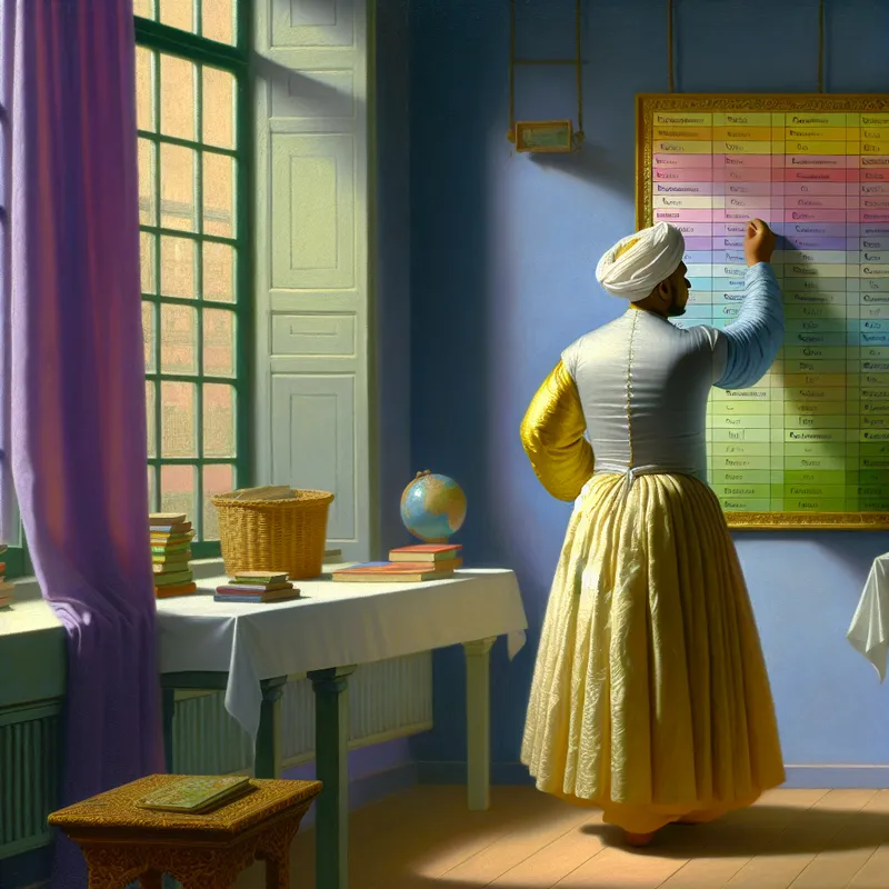 Een serene klaslokaal met een lerares in periode kleding die kleurrijke kaarten labelt.