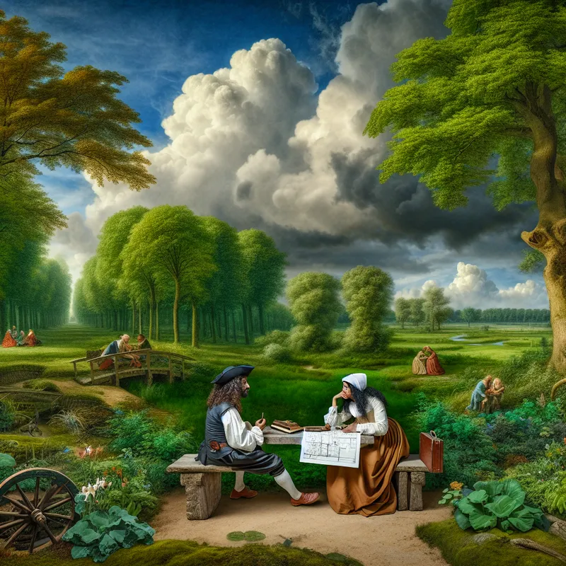 Twee personen zittend op een houten bank in een bosrijke omgeving, verdiept in gesprek met een schetsboek tussen hen in.