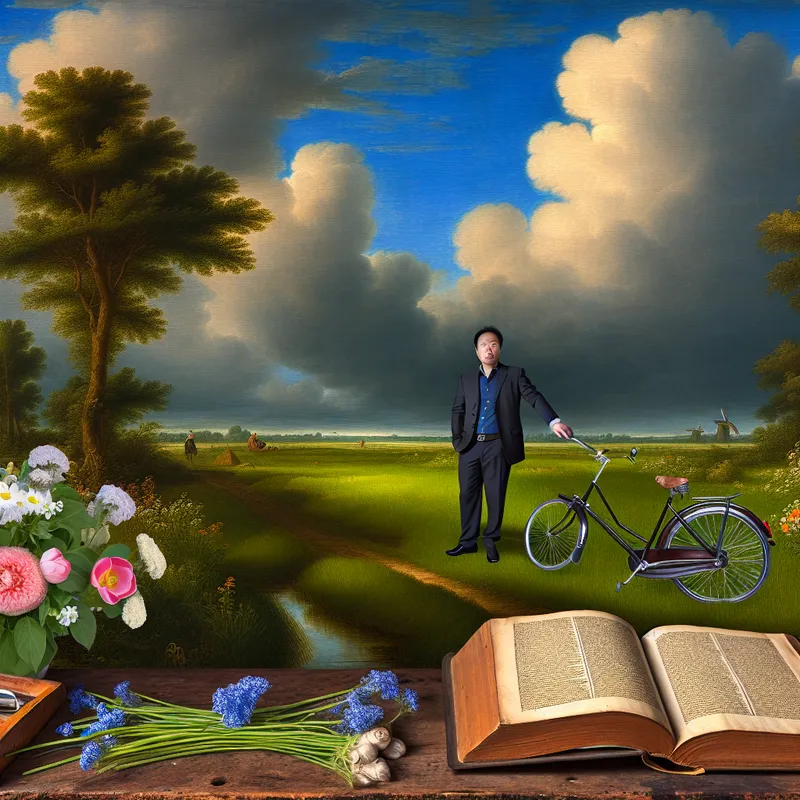 Een serene landschap schilderij in de stijl van Jacob van Ruisdael, met een man naast een nieuwe fiets en een open boek op een tafel.