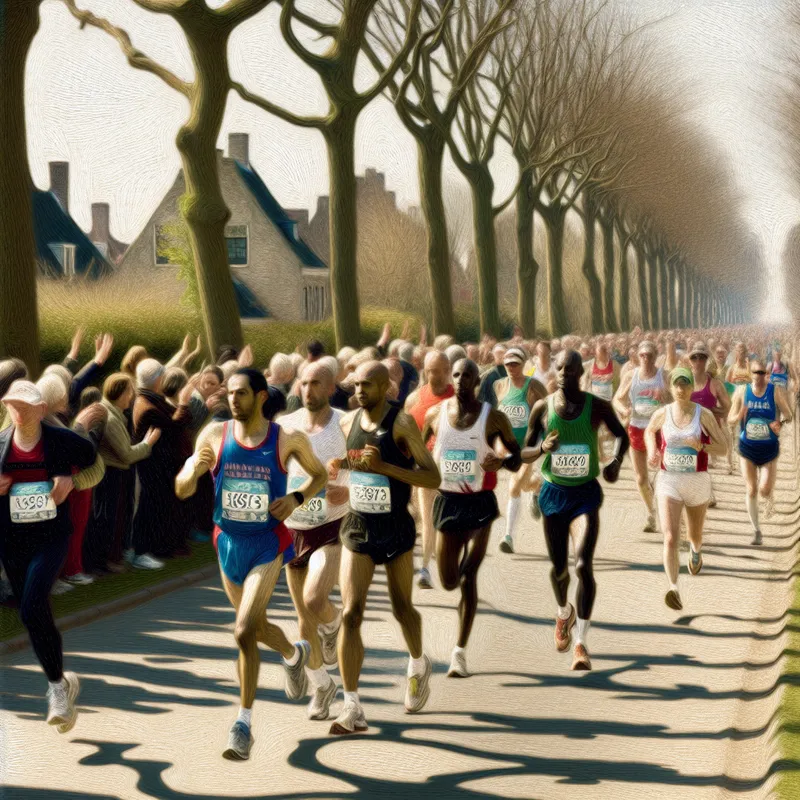 Marathonlopers in een straat, in de stijl van Johannes Vermeer