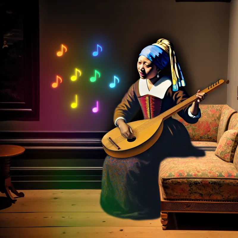 Een jonge vrouw in 17e-eeuwse kleding speelt een snaarinstrument in een serene ruimte met zacht diffuus licht.