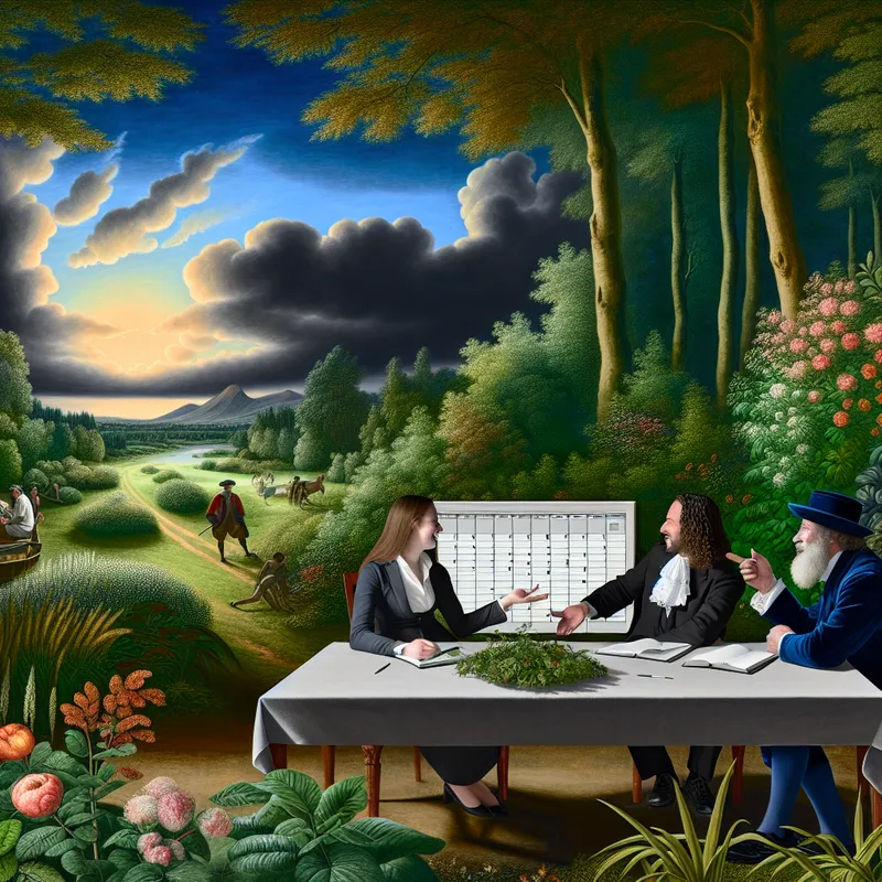 Drie mensen in een serene natuurscène bespreken een agendapunt aan een lange tafel omgeven door weelderig groen.