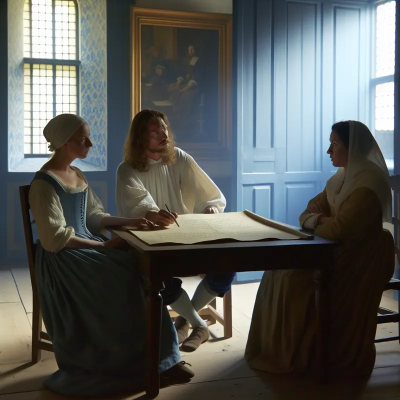 Een serene binnenhuis scÃ¨ne met drie mensen in diepe conversatie aan een houten tafel in een gelige blauwtint, geïnspireerd door Johannes Vermeer.