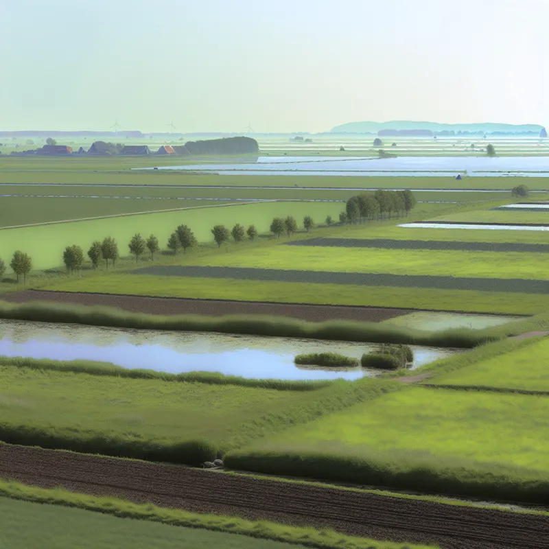 Een rustige Nederlandse polderlandschap met dijken en drainagekanalen op de achtergrond, met velden die drooggelegd zijn uit zee.