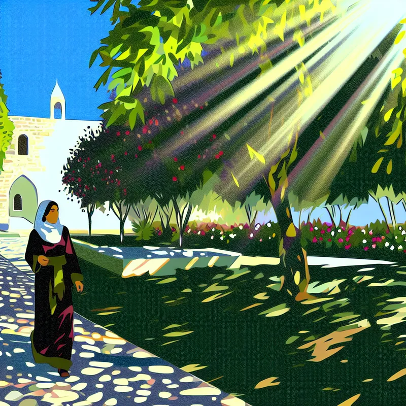 Persoon die rustig wandelt op een bomenlaan in een serene ochtendscène met bloeiende bloemen en een heldere blauwe lucht.