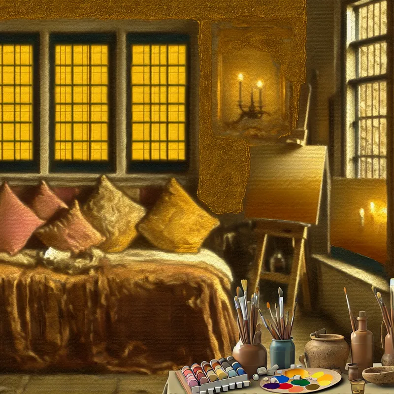 Sereen interieur van een slaapkamer met warme kleuren, een grote raam en schildersezel.