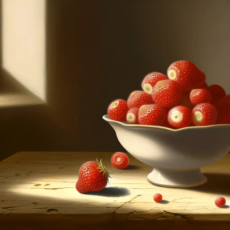 Een delicate porseleinen kom gevuld met kleine, vers geplukte aardbeitjes op een houten tafel.