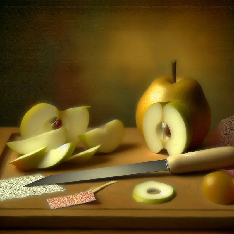 Een delicaat mesje naast vers gesneden fruit op een houten tafel, met een zacht verlichte achtergrond.