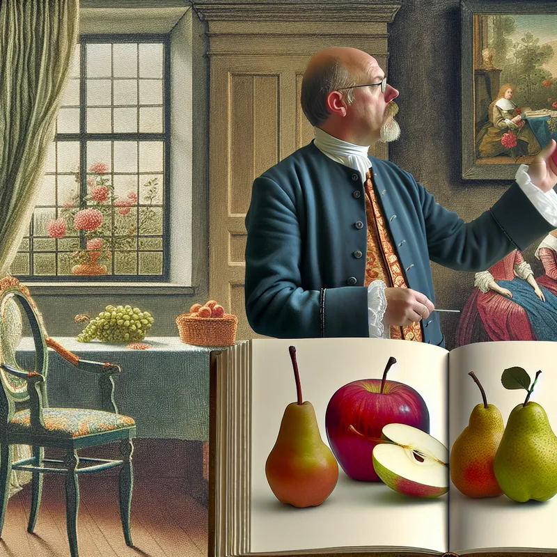 Een wijze leraar wijst naar een versierd boek met illustraties van zoete appels en sappige peren in een rustige studeerkamer.