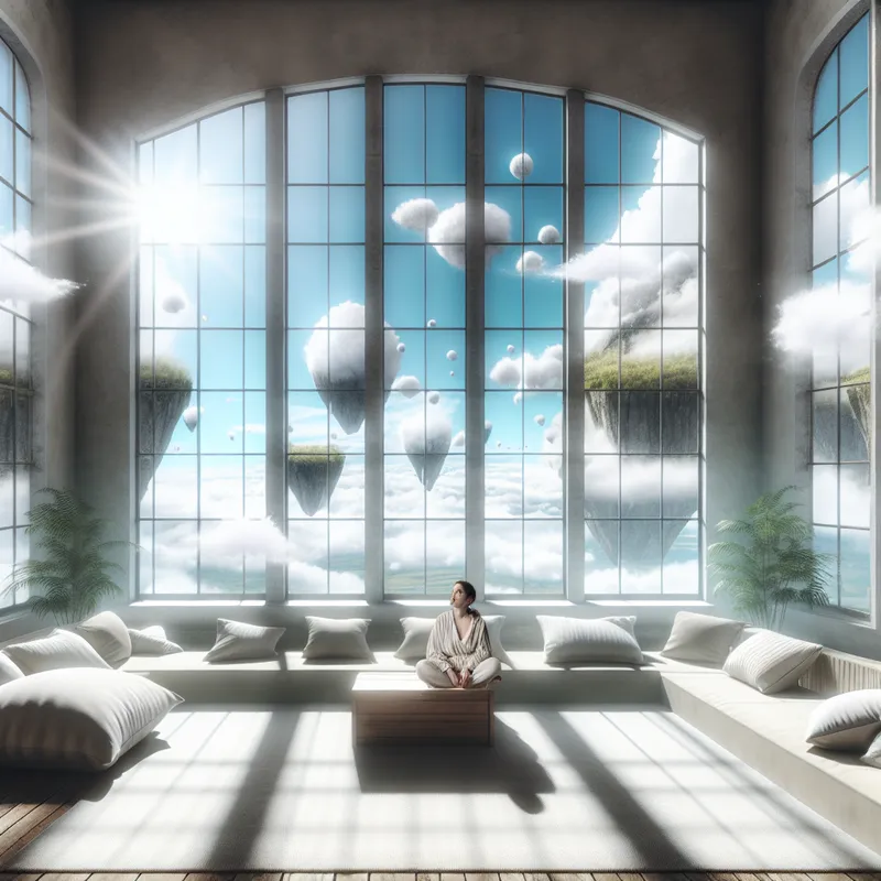 Een serene en surrealistische binnenruimte met een individu op een comfortabele bank, omringd door zachte kussens en planten, met grote ramen die fel zonlicht binnenlaten.