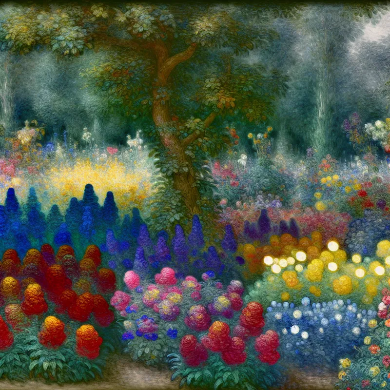 Serene garden scene with vibrant flowers in full bloom, featuring a mix of red, blue, yellow, and purple blossoms.