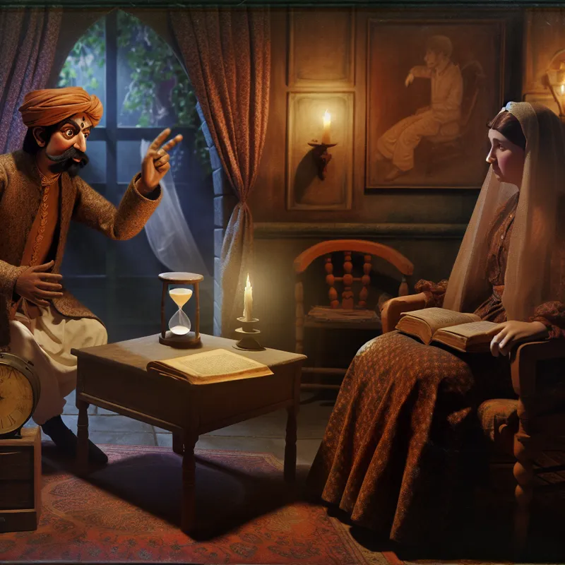 Twee personen in een nostalgische studeerkamer hebben een ernstig gesprek over een open boek, met symbolen van urgentie zoals een klok en een zandloper