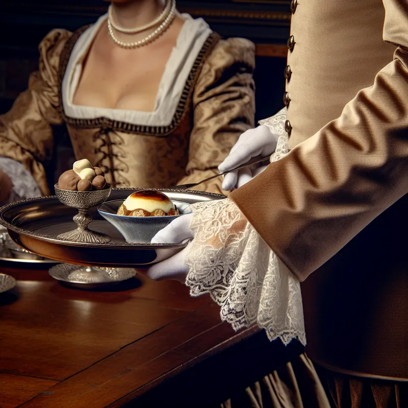 Elegant 17e-eeuwse ober serveert verfijnd dessert op zilveren dienblad in luxe restaurant