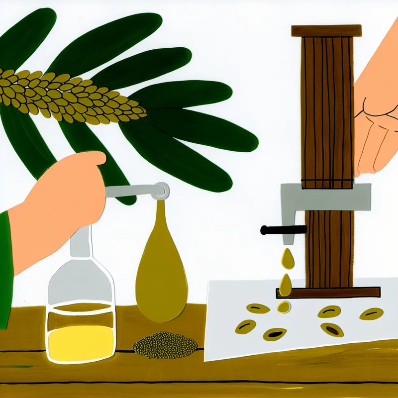 Minimalistische illustratie van sesamzaad dat wordt geperst tot sesamolie, met uitgestrooide gouden zaden en een flesje sesamolie