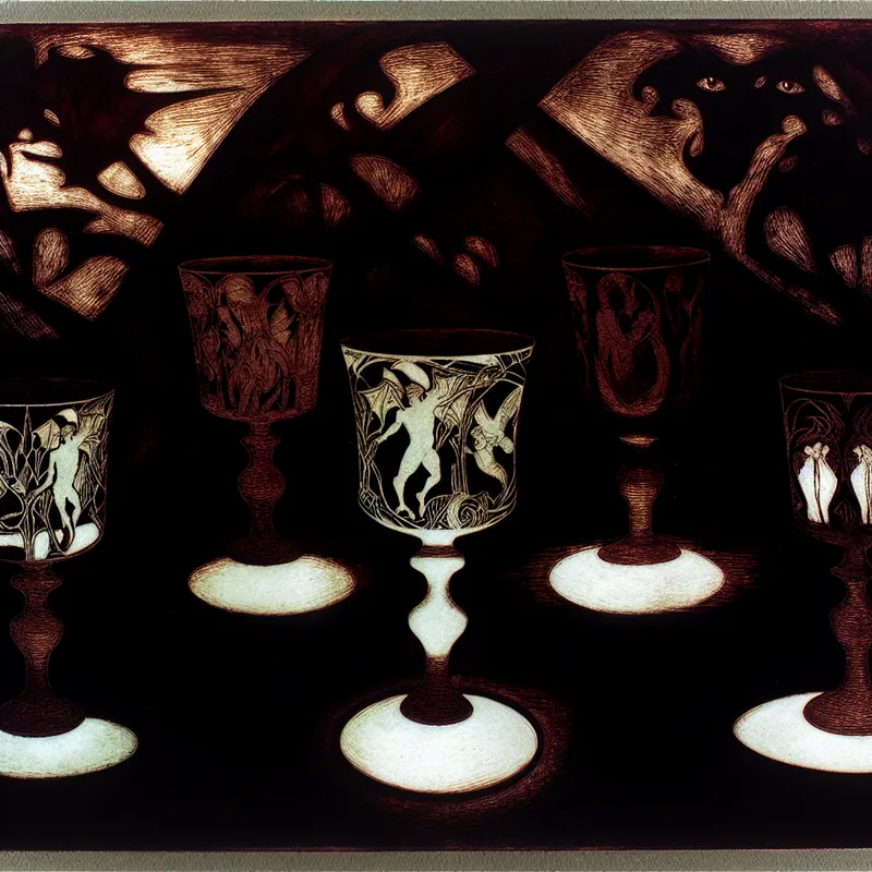 Vier identieke, versierde glazen die op een mysterieuze achtergrond staan, met unieke lichtreflecties