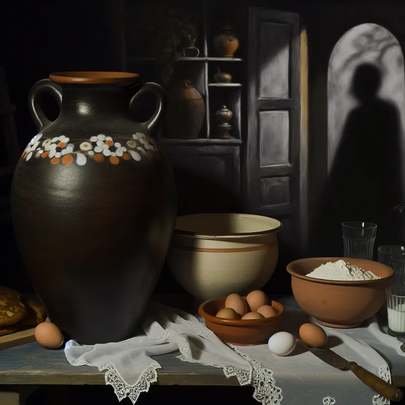 Een sfeervolle keuken met een rustieke tafel vol ingrediënten voor pannenkoeken, inclusief karnemelk, bloem en eieren.