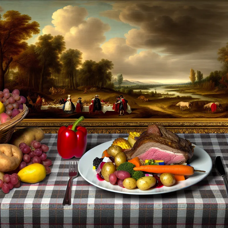 Schitterend aangekleed dinerbord met een verscheidenheid aan voedsel: vlees, aardappelen en levendige groenten, op een rustieke houten tafel met een geruite doek.