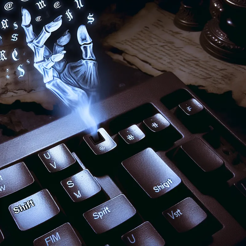 Digitale illustratie van een vintage Shift-toets op een mechanisch toetsenbord, ingedrukt door een skeletvinger met zwevende hoofdletters en symbolen erboven, in gothic stijl