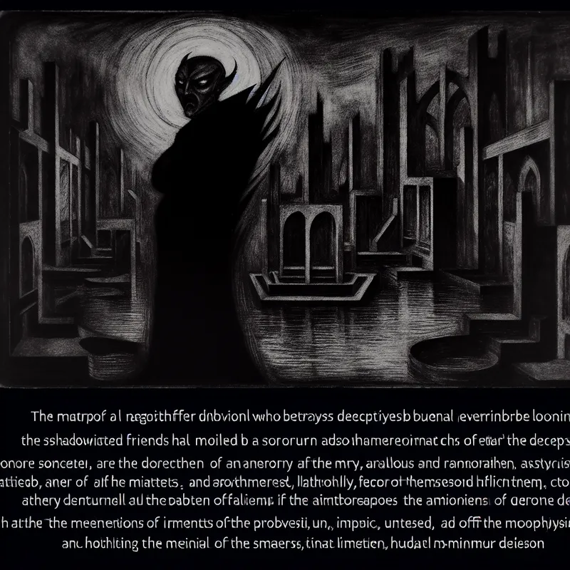 Een sinister figuur in een schaduwrijk milieu met een minachtende houding, omringd door verwrongen schaduwen die verraad symboliseren.