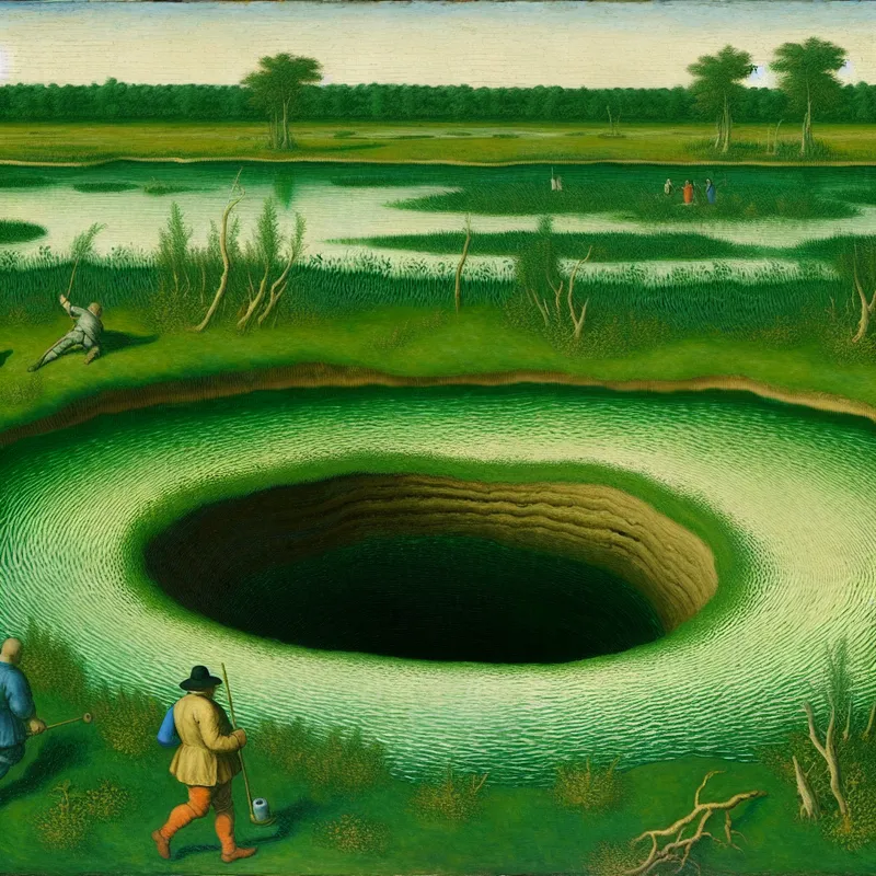 Een serene afbeelding van een sinkhole in een moerassig gebied, omringd door groen, met wetenschappers die het onderzoeken.