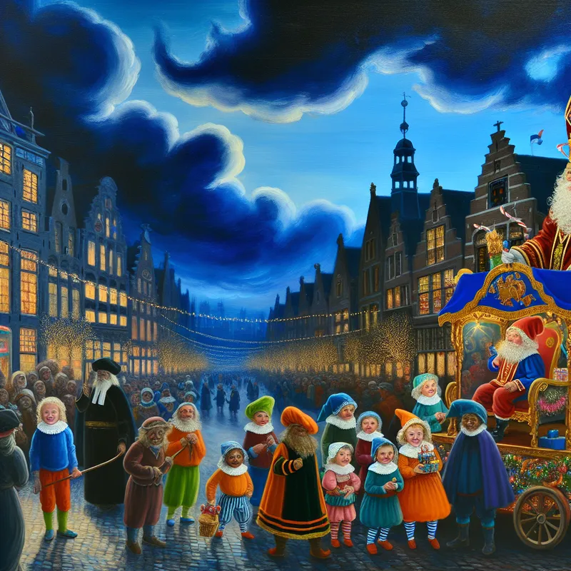 Sinterklaas arriveert in een drukke Nederlandse stad met kinderen rond de kleurrijke optocht