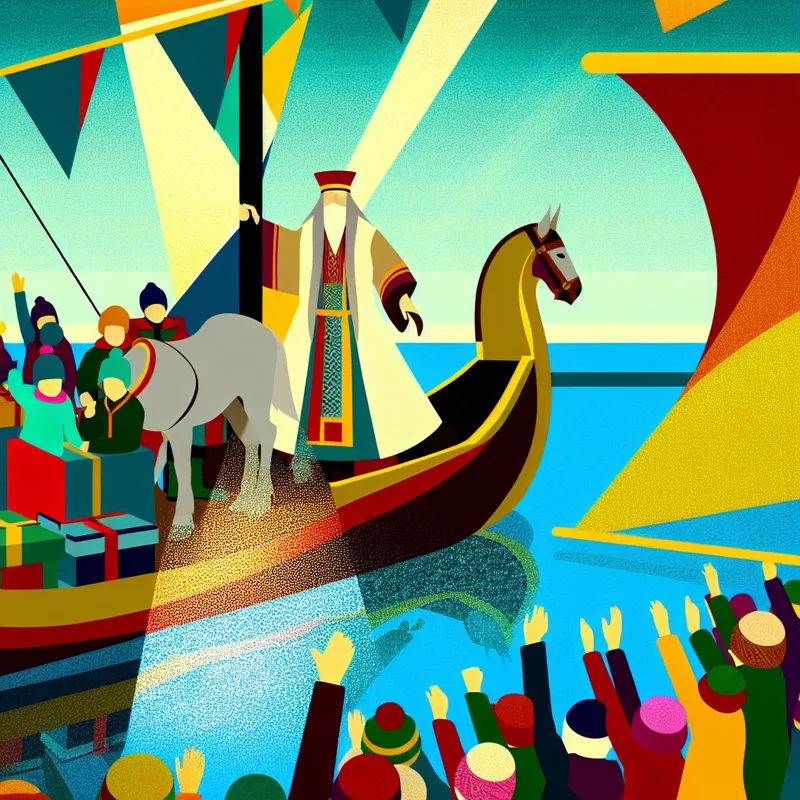 Een kleurrijke illustratie van Sinterklaas die aankomt op zijn boot, omringd door blije kinderen aan de kust.