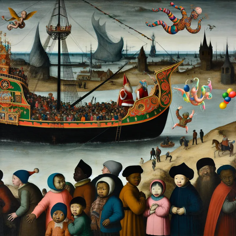 Sinterklaas arriveert op een stoomboot uit Spanje met Bosch-achtige fantasy wezens