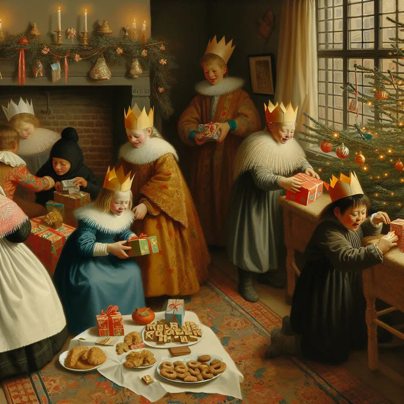 Kinderen uitpakken cadeaus onder een versierde Sinterklaas boom in een gezellige woonkamer