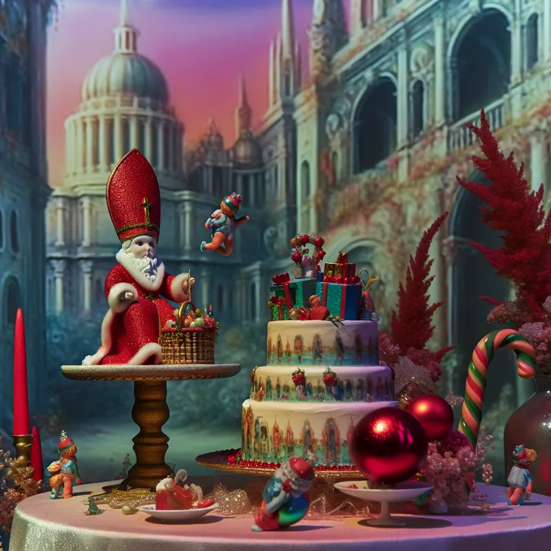 Kleine figuur van Sinterklaas staat op een prachtig versierde feesttafel met een lavish cake