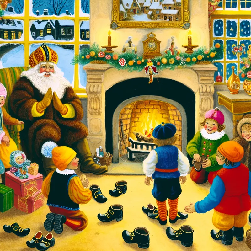 Kinderen zetten hun schoenen bij de open haard als voorbereiding op Sinterklaas met traditionele Nederlandse decoraties