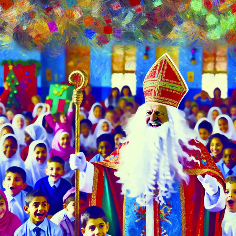 Man verkleed als Sinterklaas omringd door kinderen in een feestelijk klaslokaal