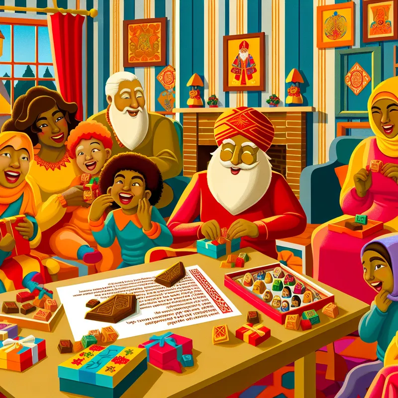 Familie viert Sinterklaasavond met cadeaus en gedichten in retro stijl