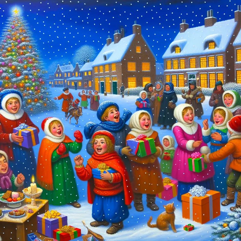 Kinderen renden rond en pakten blij geschenken uit tijdens Sinterklaasavond in een winterlandschap.