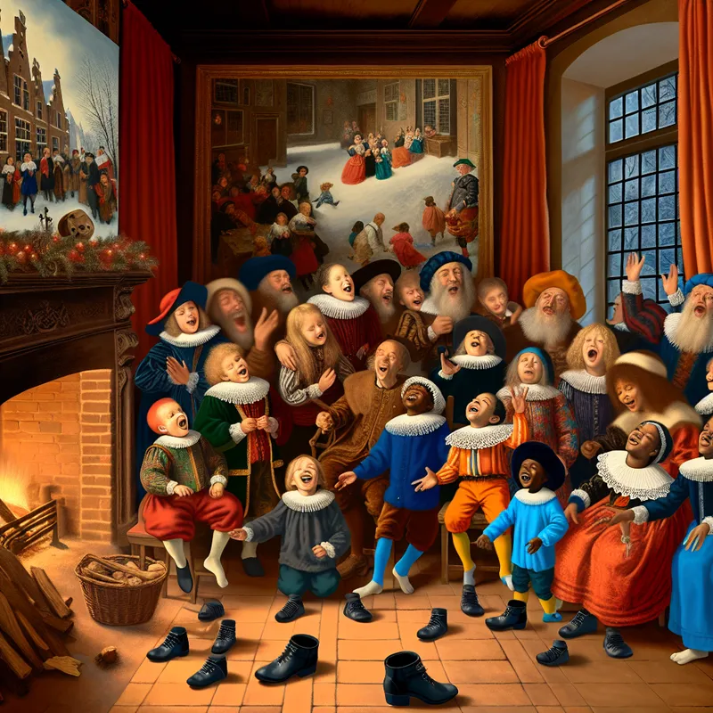 kinderen plaatsen hun schoenen voor Sinterklaas bij de open haard in een Barokke Nederlandse woning