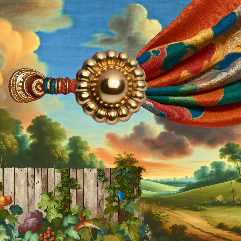 Een mooie sjaal met een bommel over een houten hek in een serene landschap