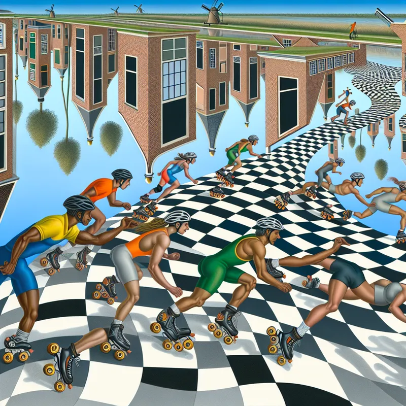 Surrealistische skeelerwedstrijd geïnspireerd op M.C. Escher met atleten in volle snelheid op een onmogelijke, gravitatie-tartende baan omringd door Nederlandse kanalen en windmolens