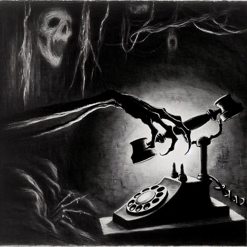Gothische illustratie van een skelethand die een oude rotary telefoon opneemt in een duistere, symbolische scène