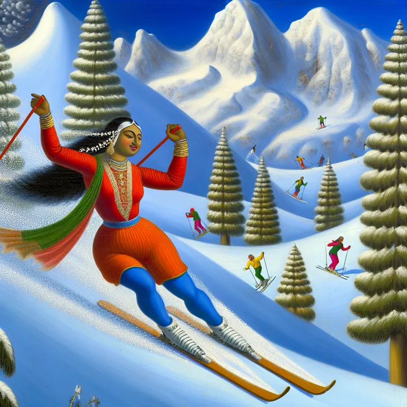 Een skier in een felgekleurde outfit skiën op een Alpendal met sneeuw en bergen op de achtergrond