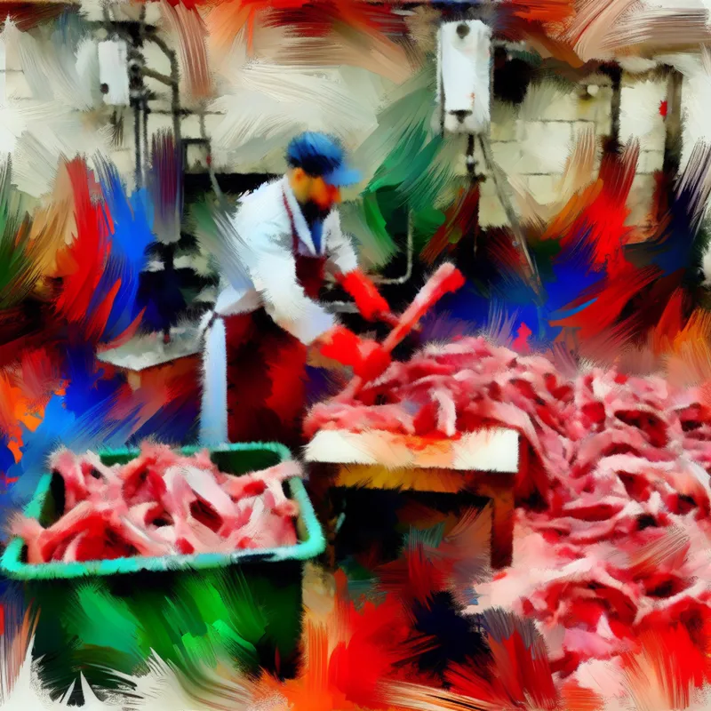 Abstract expressionistische voorstelling van een slager in een vleesverwerkingsfaciliteit met dynamische penseelstreken.