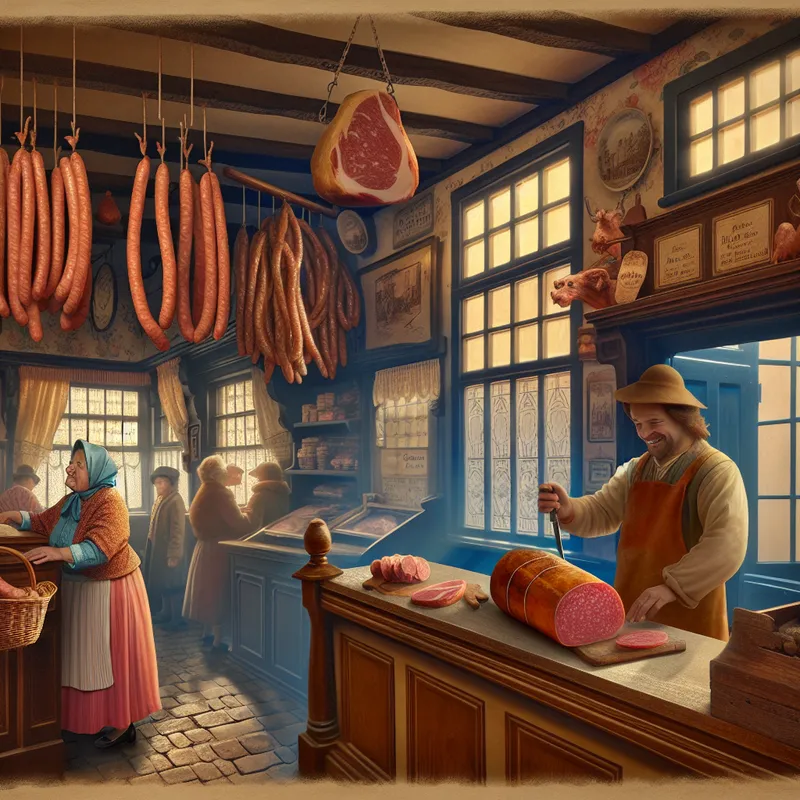 Een vriendelijke slager snijdt vlees in een betoverende dorpsslagerij met hangende worsten en een grote raampartij die zonlicht binnenlaat.