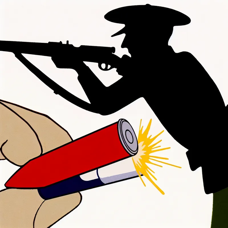 Minimalistische illustratie van een soldatenhand die een grote, metalen slaghoedje in een vereenvoudigd geweer plaatst