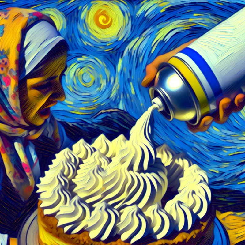 Persoon spuit slagroom uit een spuitbus op een taart in Van Gogh-stijl met dikke, zwierige patronen en levendige kleuren