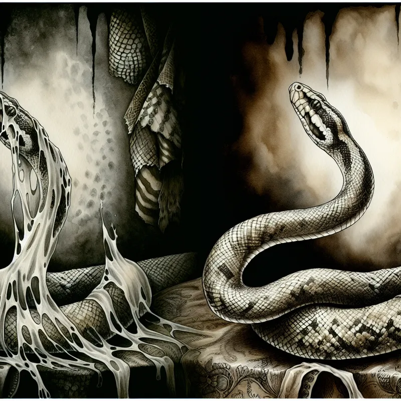 Illustratie van een slang die zijn oude huid afwerpt, met glanzende nieuwe huid eronder, symbolisch voor transformatie en vernieuwing