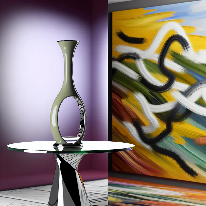 Een elegant ontworpen, slank vaasje op een minimalistische tafel, omgeven door abstracte penseelstreken.