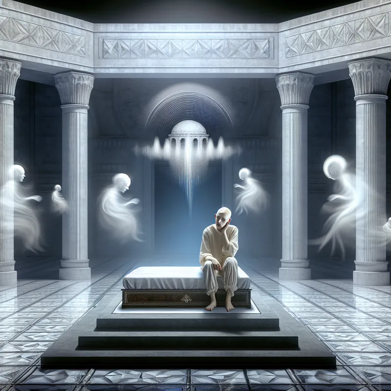 Hyperrealistisch surrealistisch tafereel van een persoon met slapeloosheid, zichtbaar gestrest in een lege, geometrische kamer met zwevende symbolen van zorgen en geluidsgolven